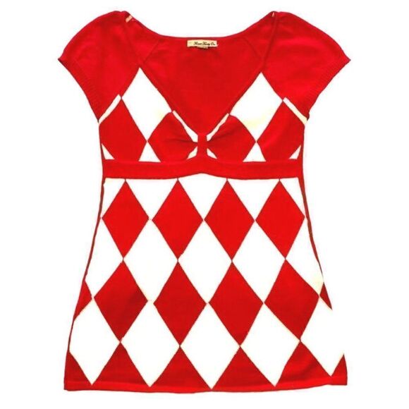 Vintage 90s Forever 21 Cherry Red/White Argyle V-Neck Top - Picture 7 of 7